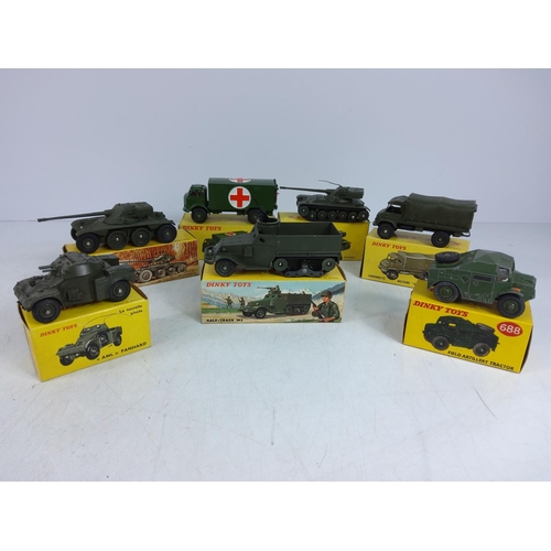 99 - 7 various boxed Dinky military vehicles, model no's 814, 821, 688, 817, 827, 626 & 822