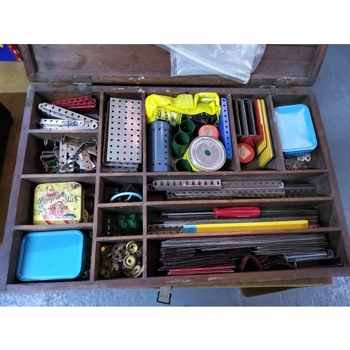 115 - Antique wooden box full of vintage Meccano, box size 61 x 39 x 12cms