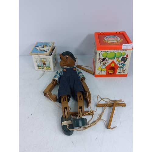 13 - 2 vintage jack in the boxes and a wooden Pinocchio puppet