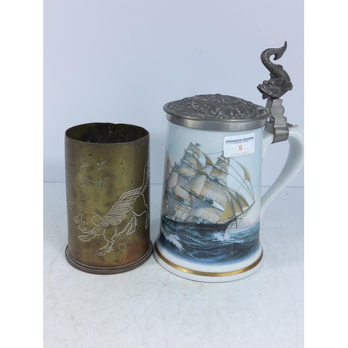 9 - Decorated trench art shell case and a nautical stein