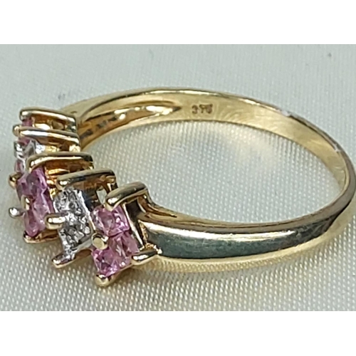 291 - 9ct gold morganite and diamond half hoop ring, size P