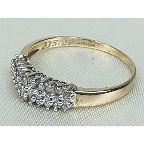 295 - 9ct gold 3 row diamond half hoop ring, size R