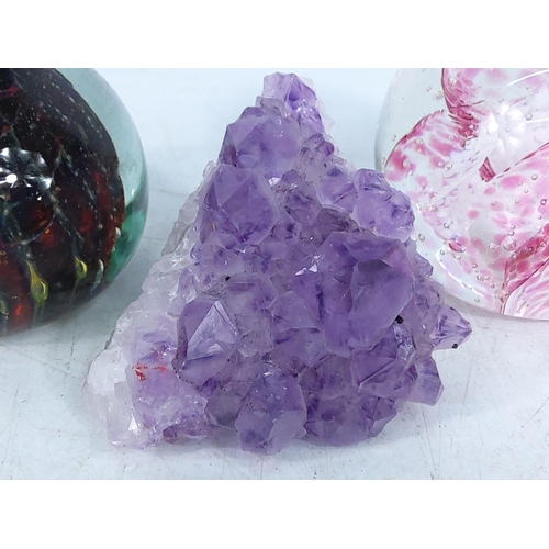 354 - 2 paperweights and a piece of amethyst