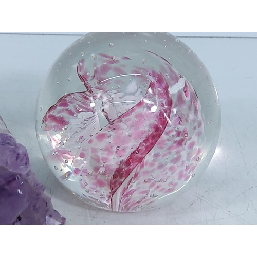 354 - 2 paperweights and a piece of amethyst