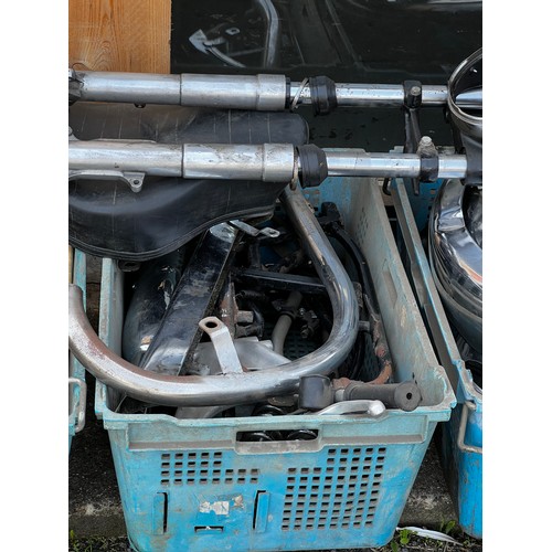 62 - Large quantity of Royal Enfield parts incl fuel tank, front and rear wheels, mudguards, twin seat, s... 