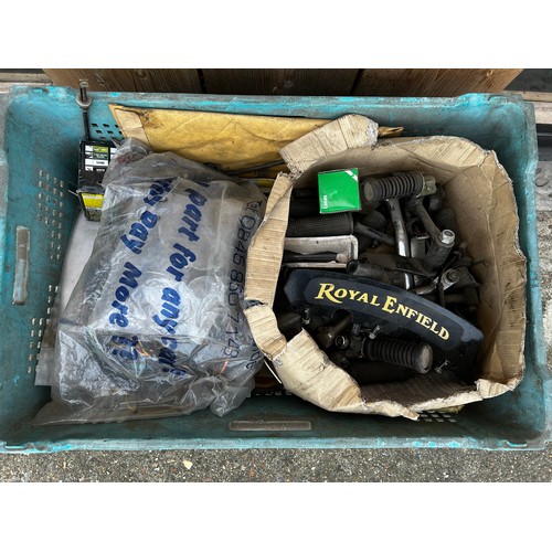 62 - Large quantity of Royal Enfield parts incl fuel tank, front and rear wheels, mudguards, twin seat, s... 