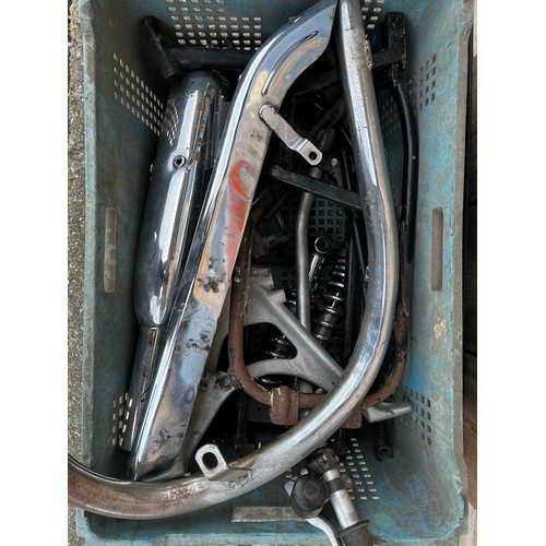 62 - Large quantity of Royal Enfield parts incl fuel tank, front and rear wheels, mudguards, twin seat, s... 