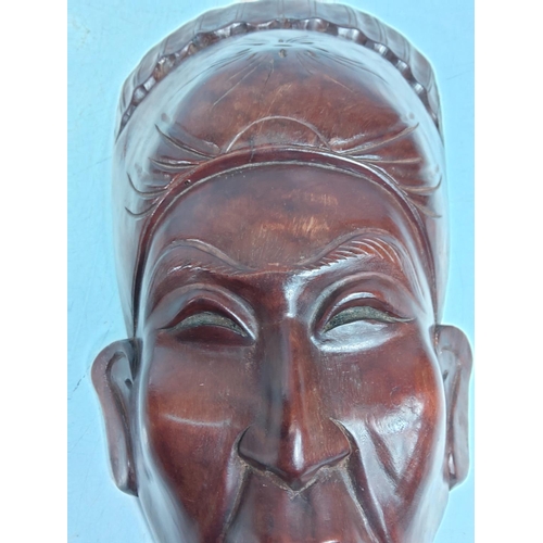 127 - Carved hardwood oriental Noh Japanese theatre mask, 32 x 16cms