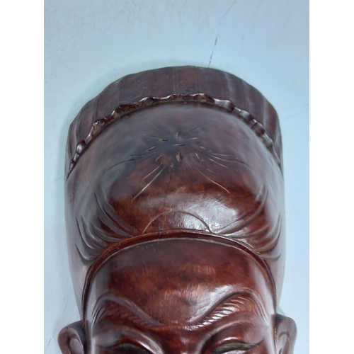 127 - Carved hardwood oriental Noh Japanese theatre mask, 32 x 16cms