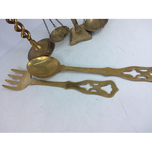 137 - Lantern, scales and brass spoon and fork