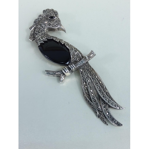 303 - Silver Marcasite peacock brooch, 35g gross