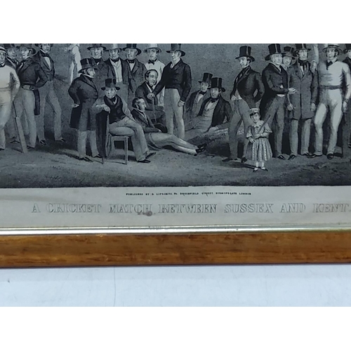 148 - Maple framed 1848 Sussex versus Kent cricket match engraving with original glass to frame, 77 x 62cm... 