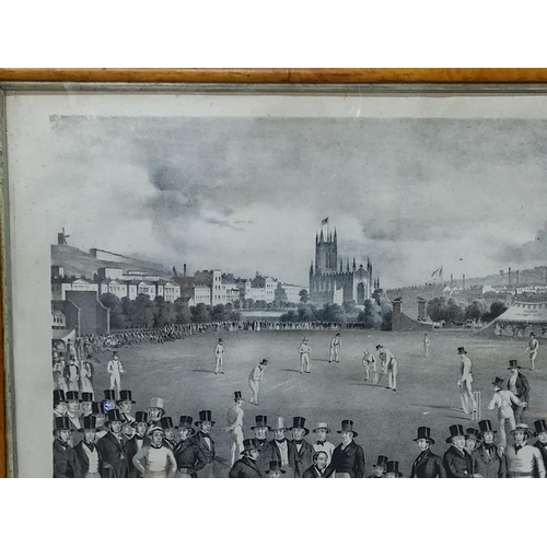 148 - Maple framed 1848 Sussex versus Kent cricket match engraving with original glass to frame, 77 x 62cm... 