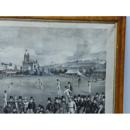 148 - Maple framed 1848 Sussex versus Kent cricket match engraving with original glass to frame, 77 x 62cm... 