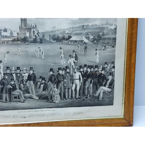 148 - Maple framed 1848 Sussex versus Kent cricket match engraving with original glass to frame, 77 x 62cm... 