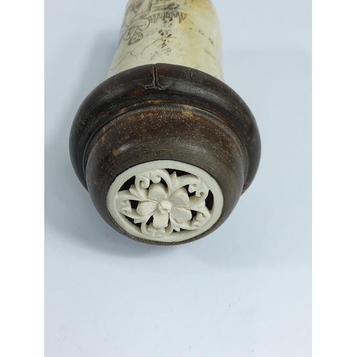 319 - Decorated bone cricket box, 11cms in height