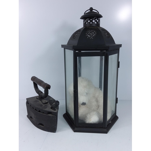 32 - Hurricane lamp and iron