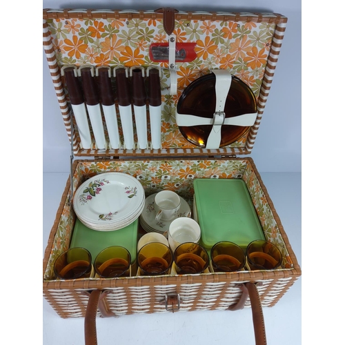 71 - Large leather bound vintage hamper, 2 mixed incomplete sets, includes 2 nice Brexton lunch boxes, 50... 