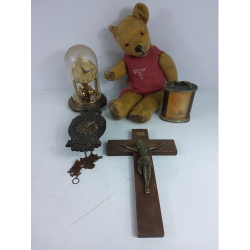 118 - Vintage clocks teddy bear and crucifix etc