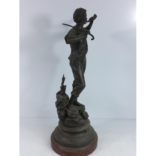 136 - Pair of antique spelter figure La echo and Le signal, 50cms in height