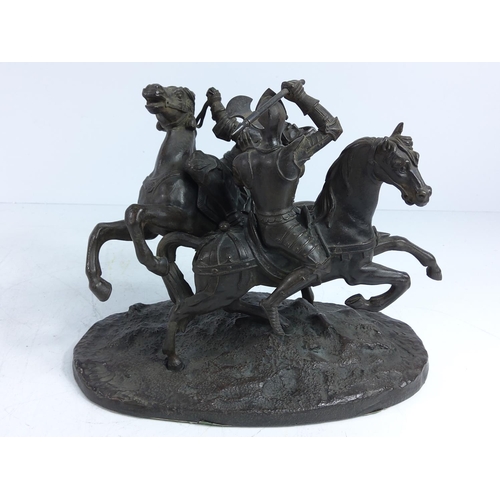 144 - Cast bronze figure of knights on horseback, 25 x 15 x 20cms