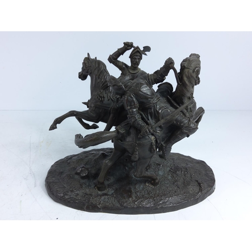 144 - Cast bronze figure of knights on horseback, 25 x 15 x 20cms