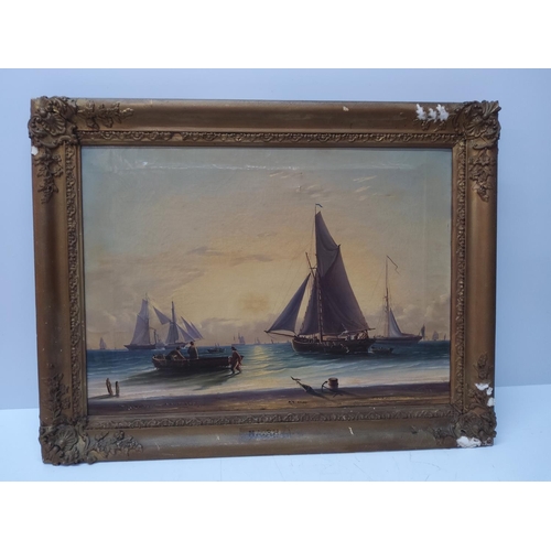 86 - Antique gilt framed oil on canvas of sailing boats, 52 x 67cms