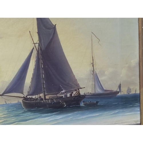86 - Antique gilt framed oil on canvas of sailing boats, 52 x 67cms
