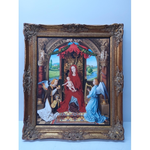 91 - Gilt framed oil on board Madonna and angels by Martin Hargreaves, 66 x 76cms