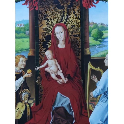 91 - Gilt framed oil on board Madonna and angels by Martin Hargreaves, 66 x 76cms