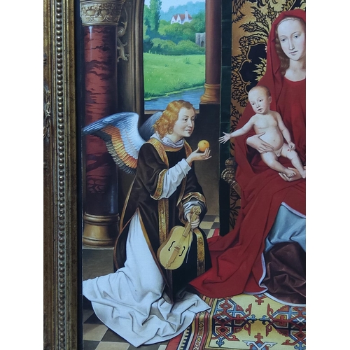 91 - Gilt framed oil on board Madonna and angels by Martin Hargreaves, 66 x 76cms