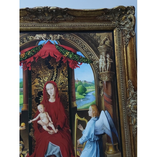 91 - Gilt framed oil on board Madonna and angels by Martin Hargreaves, 66 x 76cms
