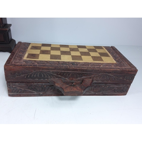 182 - Chess board and pieces, wooden hand, plaque and clock