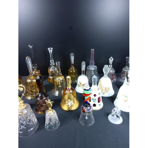 82 - Collection of glass and coloured glass bells including hand decorated and bohemian glass