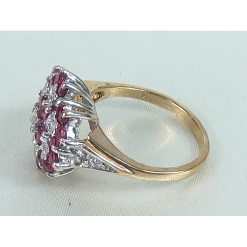 202 - 9ct gold garnet and diamond cluster ring, size L