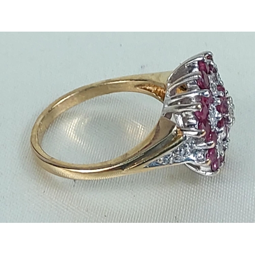 202 - 9ct gold garnet and diamond cluster ring, size L