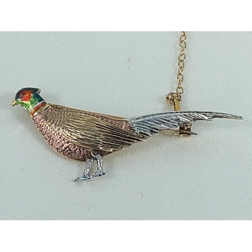 213 - 9ct gold enamelled pheasant brooch, 4.1g