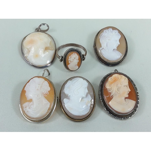 215 - 5 silver mounted cameos and a silver cameo ring