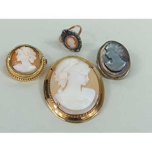 216 - 3 mounted cameo and a gold and silver mounted cameo ring