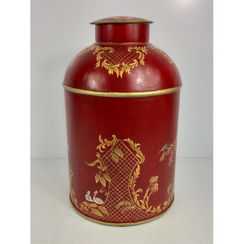 156 - Large oriental decorated metal tea caddy, 37cms in height