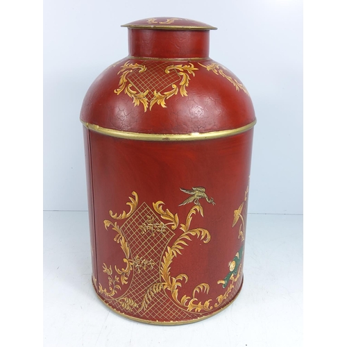 156 - Large oriental decorated metal tea caddy, 37cms in height