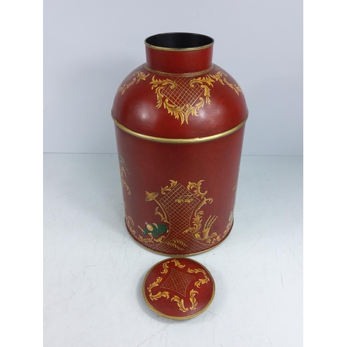 156 - Large oriental decorated metal tea caddy, 37cms in height