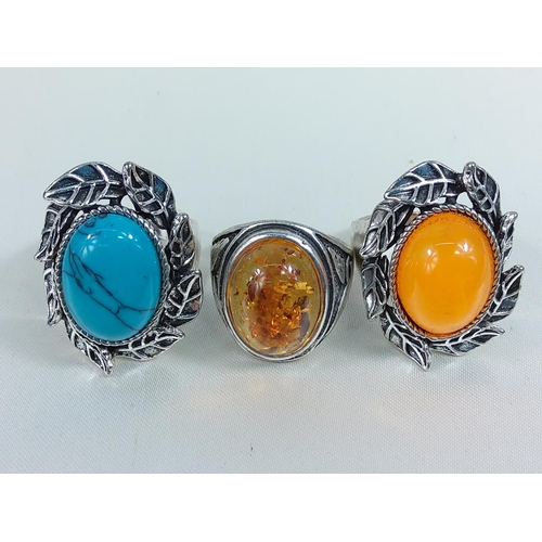 206 - 3 white metal stone set rings, sizes T, W & U