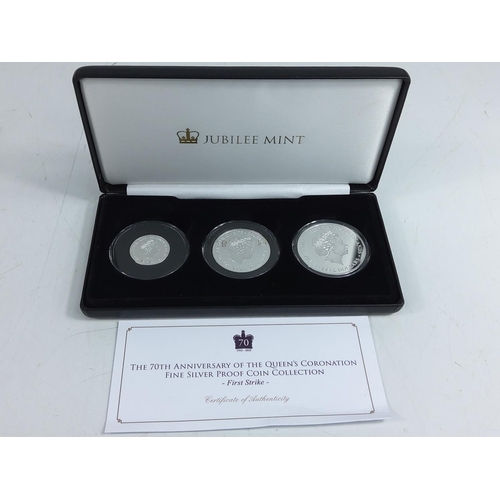 255 - Cased set of three coins to commemorate the 70th Anniversary of The Queen's Coronation, in fine proo... 