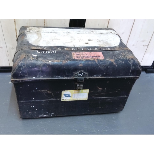 71 - Vintage tin trunk with travel labels, 79 x 52 x 52cms