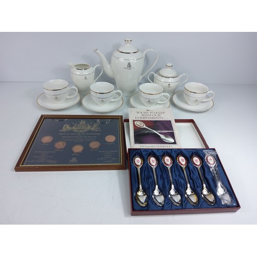 29 - Commemorative tea set, coins, spoons etc