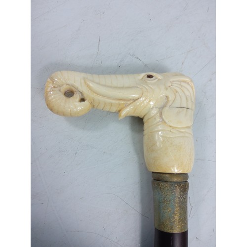 86 - Carved bone handled walking stick in the form of an elephants head