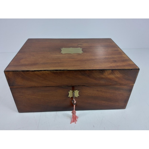 102 - Antique brass inlaid ladies vanity box with fully fitted interior complete with original key