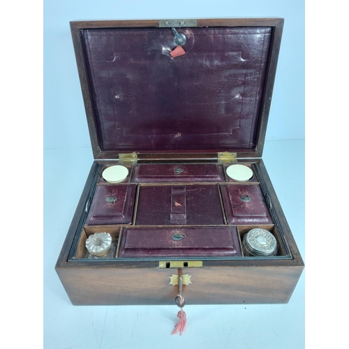 102 - Antique brass inlaid ladies vanity box with fully fitted interior complete with original key