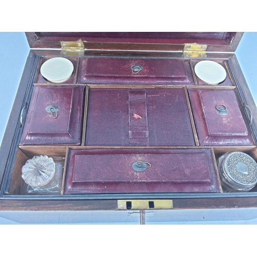 102 - Antique brass inlaid ladies vanity box with fully fitted interior complete with original key